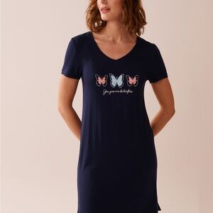 La Vie En Rose Navy Butterfly Graphic T-Shirt Dress butterflies nightgown